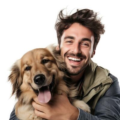 Happy man hugging his dog on white background. Generative AI