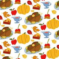 Seamless pattern happy Thanksgiving with festive items in a flat style. Hand-drawn background with pumpkin, turkey, pie, caramel apples, leaves. Vector illustration for design fabric or wrapping paper