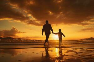 Father and son silhouettes at sunset beach. Generative AI photo