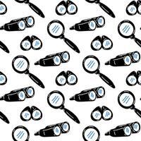 Seamless pattern of magnifying glass and binoculars for searching, on a white background. Cartoon elements find items, detective, spy, search. Items to search for. Printing on textiles and paper vector
