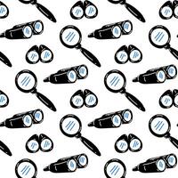 Seamless pattern of magnifying glass and binoculars for searching, on a white background. Cartoon elements find items, detective, spy, search. Items to search for. Printing on textiles and paper vector