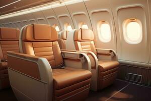 Empty passenger seats in cabin of the aircraft. Plane interior. Generative AI photo