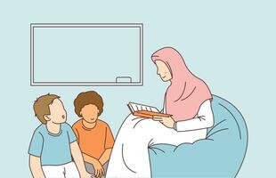 Teacher in hijab teaches reading to students. Illustration of a teacher teaching vector