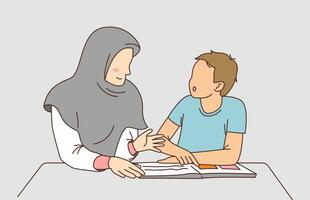 The teacher explains the lesson to the students. mother teaches reading to her son. vector illustration