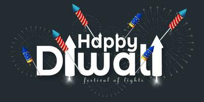 Happy Diwali Text Design with Fireworks on black background. vector