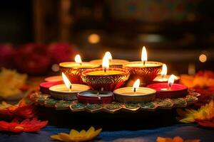 Diwali celebration. Diya oil lamps on dark background. Generative AI photo
