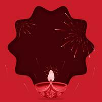 beautiful Diwali Diya with firecrackers on red background. Vector illustration