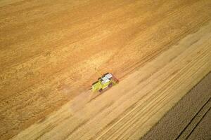 Aerial view of working harvesting combine in wheat field, Harvest season photo