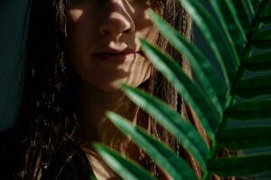 Woman face covered with palm leaf. Creative moody female portrait photo