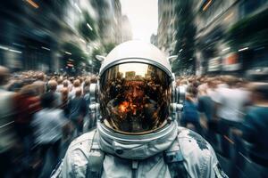 Astronaut wearing space suit at crowded street in rush hour. Generative AI photo