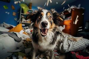 Happy dog lying in messy room. Damage from pet. Generative AI photo