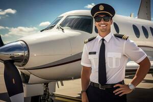 Male pilot standing near private jet in airport. Generative AI photo