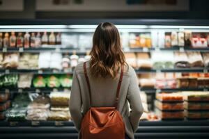 mujer elegir productos en tienda de comestibles almacenar. generativo ai foto