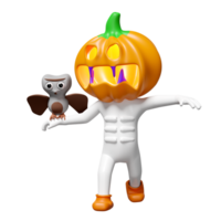 3d halloween holiday party with pumpkin head man hand holding owl isolated. 3d render illustration png