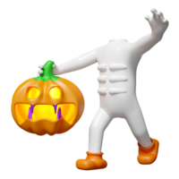 3d halloween holiday party with pumpkin head man hand holding pumpkin head isolated. 3d render illustration png