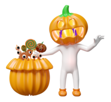 3d halloween holiday party with pumpkin head man hand holding sweet lollipop, pumpkin head snack basket isolated. 3d render illustration png