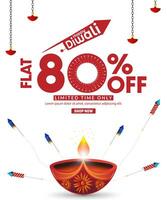 Happy Diwali Promotion Sale Banner Design Template. Diwali Diya oil lamp with firecrackers background on Diwali festival. Vector illustration