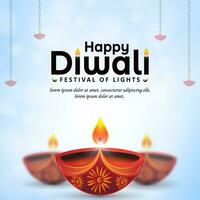 Diwali festival greeting card design with diya oil lamp on blue background with bokeh effect. Vector illustration