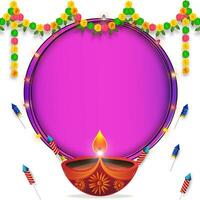 Happy Diwali festival background with Diwali lamp and fireworks and colorful flower garland decoration toran. Vector illustration.