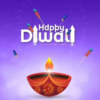 Diwali festival greeting card design with diya oil lamp on blue background with bokeh effect.