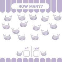 Educational worksheet for preschoolers to learn left and right. How many narwhals go to the left and to the right. Counting game for children. vector