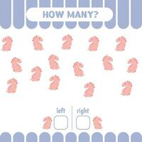 Educational page for kids to learn left and right. How many dinosaurs go to the left and to the right. Counting game for preschoolers. vector