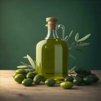 Photo olives and olive oil in bottle close-up with olive branch  by ai generated