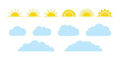 Sun and cloud on sky set, weather icon. Simple flat style of different half sun and clouds. Graphic element collection. Vector illustration