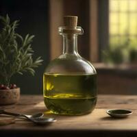 Photo olives and olive oil in bottle close-up with olive branch by ai generated