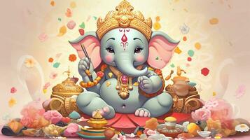 Cute Cartoon Lord Ganesha. Adorned with Charming Ornaments and Exuding Divine Cuteness photo