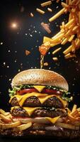 Hot and delicious burger with black background, AI generated photo