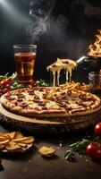 recién horneado delicioso Pizza en rústico de madera mesa generado por ai foto