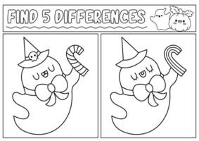 Halloween black and white find differences game for children. Attention skills line activity with cute ghost with stripy candy cane. Puzzle or coloring page. Printable what is different worksheet vector
