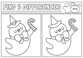 Halloween black and white find differences game for children. Attention skills line activity with cute ghost with stripy candy cane. Puzzle or coloring page. Printable what is different worksheet vector