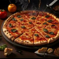 Freshly baked pizza on rustic wooden table generated by AI photo