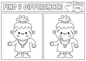 Halloween black and white find differences game for children. Attention skills line activity with cute voodoo or Frankenstein monster. Puzzle or coloring page. Printable what is different worksheet vector