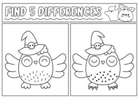 Halloween black and white find differences game for children. Attention skills line activity with cute owl. Puzzle for kids with funny character. Printable what is different worksheet or coloring page vector