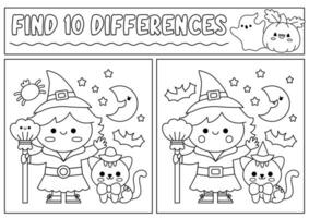 Halloween black and white find differences game for children. Attention skills line activity with cute witch, black cat. Puzzle for kids or coloring page. Printable what is different worksheet vector