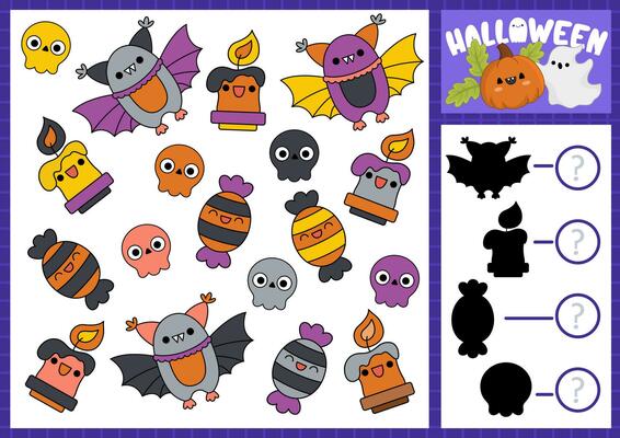 Halloween I spy and shadow match game for kids. Searching and counting activity with cute kawaii holiday symbols. Scary autumn printable worksheet for preschool children