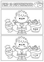 Halloween black and white find differences game for children. Attention skills line activity with cute vampire boy, sweet. Puzzle or coloring page. Printable what is different worksheet vector