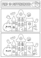 Halloween black and white find differences game for children. Attention skills line activity with cute haunted house. Puzzle for kids or coloring page. Printable what is different worksheet vector