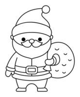 Vector black and white kawaii Santa Claus with sack. Cute Father Frost illustration isolated on white. Christmas, winter or New Year character with bag. Funny line icon or coloring page