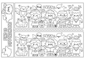 Halloween black and white find differences game. Attention skills line activity with cute witch, vampire, mummy. Puzzle for kids or coloring page. Printable what is different worksheet vector