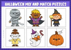 Vector Halloween mix and match puzzle with cute kawaii characters. Matching Samhain party activity for preschool kids. Educational printable game with witch, vampire, mummy, pumpkin