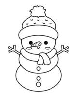 Vector black and white kawaii snowman in hat and scarf. Cute Christmas character illustration isolated on white background. New Year or winter smiling snow man. Funny line icon, coloring page