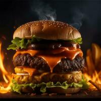 Huge hamburger with lots of ingredients by ai generated photo