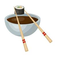 soy sauce in a bowl, sushi sticks. vector illustration.
