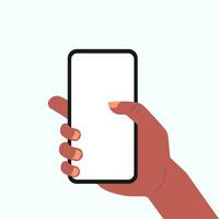 Hand holding smart phone, touching blank white screen. Mobile phone smartphone usage. Vector illustration