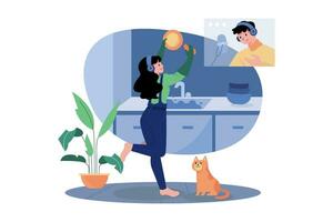 Woman Listening To The Podcast While Washing Dishes vector