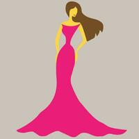 Brunette model girl with a ball gown pink dress, brunette girl, red lipstick, beautiful girl with brown hair, lady with a dress, a woman standing, suitable for fashion signs and banners and sales vector